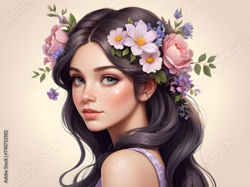 Beautiful portrait of a girl with flowers in her hair. 