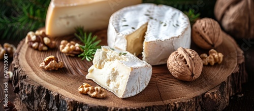 Delicious piece of cheese with assorted nuts and cheese on a rustic wooden board