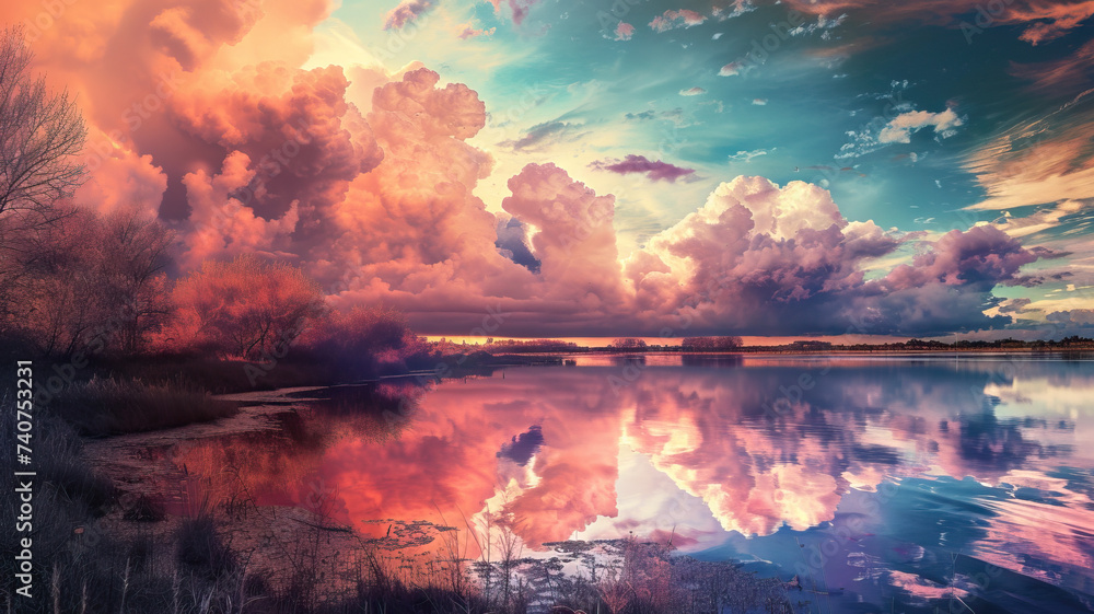 Cotton Candy Clouds: Surreal Photomontage. Clouds Made of Cotton Candy. Rivers Flowing with Liquid Gold. Surreal Landscape with Cotton Candy Clouds