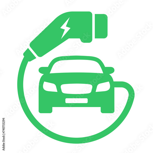 Plug icon symbol and electric car, hybrid vehicle charging point logo. Green energy and eco-friendly car concept, charger connector and charging station icon. vector illustration (ID: 740753294)