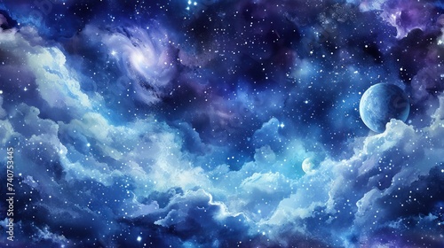 Mystical cosmic sky with glowing stars, nebula clouds, and planets.