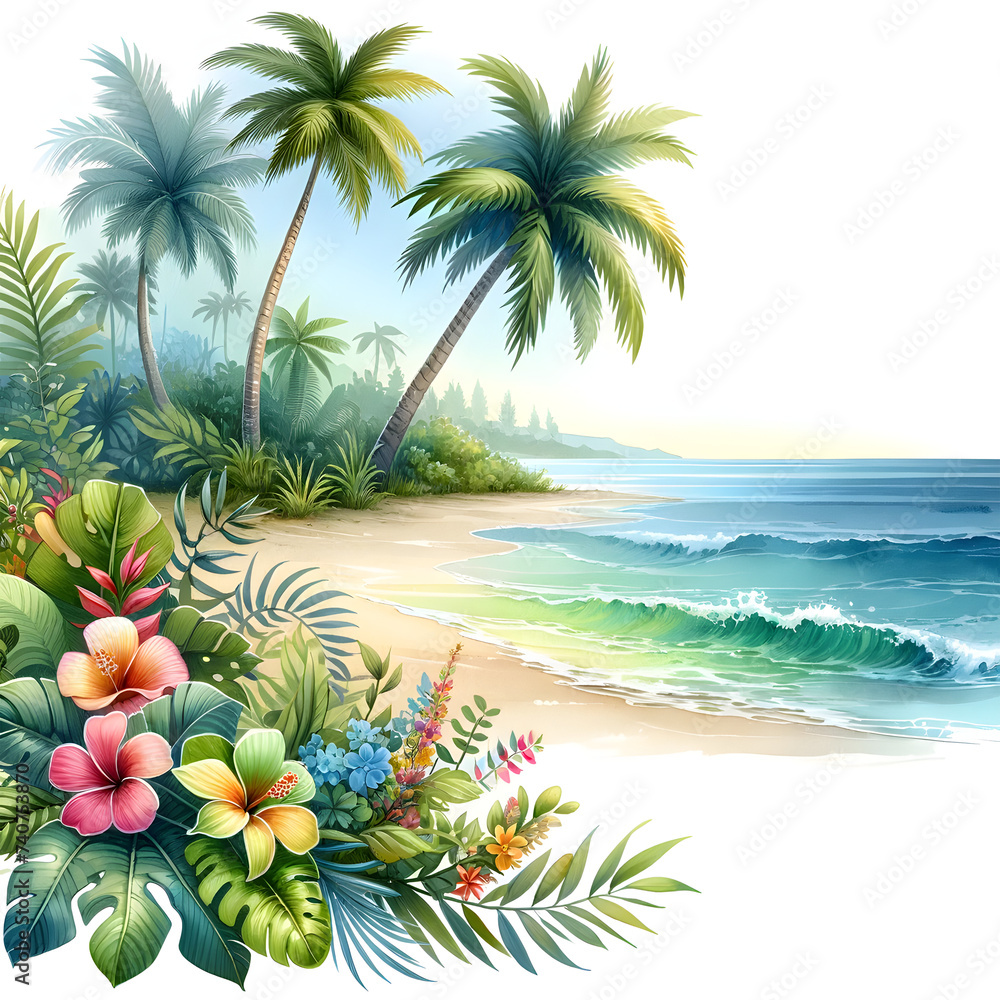 Tropical Beach Sunset Flowers Illustration Tropical Beach Sunset Flowers Illustration