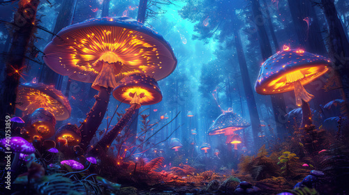Giant Mushroom Forest: Surreal Painting. Forest of Giant Mushrooms. Glowing Fungi and Bioluminescent Plants. Surreal Forest with Giant Mushrooms