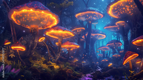 Giant Mushroom Forest: Surreal Painting. Forest of Giant Mushrooms. Glowing Fungi and Bioluminescent Plants. Surreal Forest with Giant Mushrooms