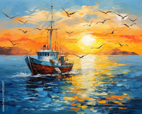 Tranquil Sunset at Sea  Fish Boats and Golden Hues