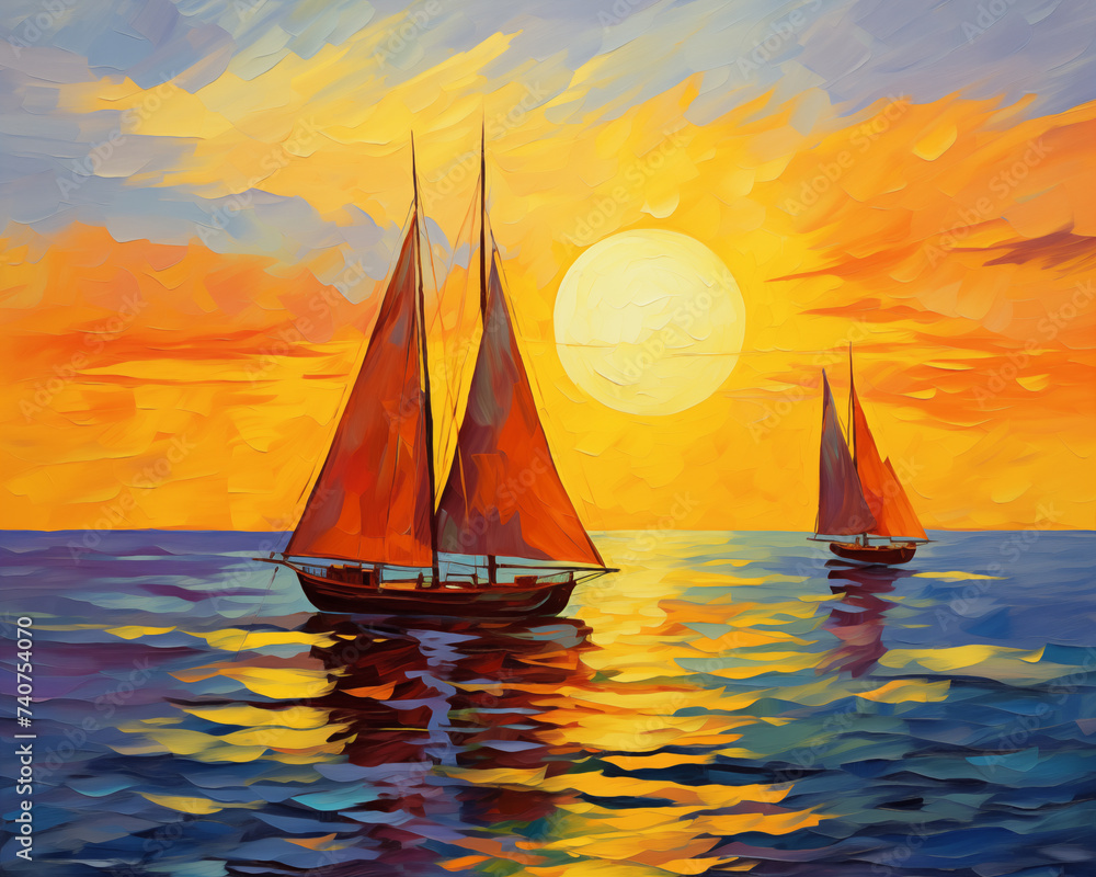 Sunset Symphony: Colorful Boats Sail into Twilight