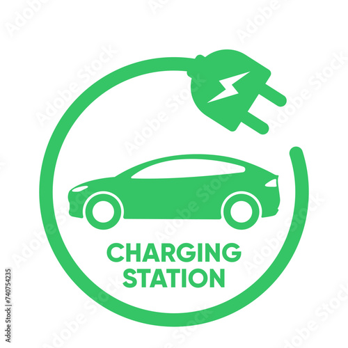 Plug icon symbol and electric car, hybrid vehicle charging point logo. Green energy and eco-friendly car concept, charger connector and charging station icon. vector illustration (ID: 740754235)