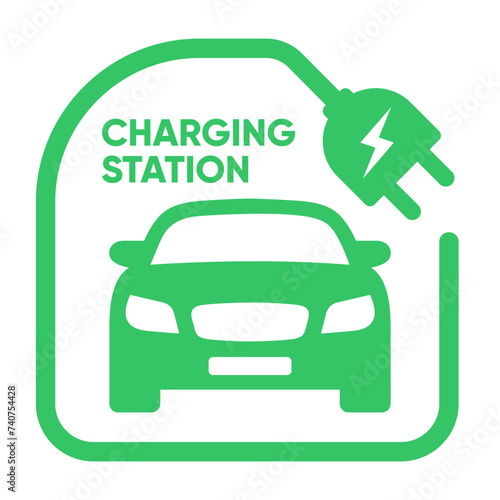Plug icon symbol and electric car, hybrid vehicle charging point logo. Green energy and eco-friendly car concept, charger connector and charging station icon. vector illustration (ID: 740754428)