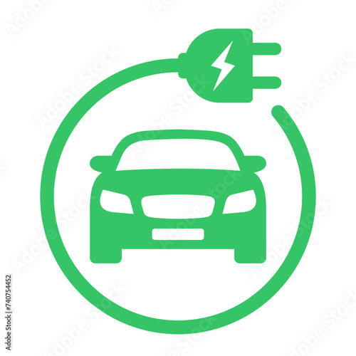 Plug icon symbol and electric car, hybrid vehicle charging point logo. Green energy and eco-friendly car concept, charger connector and charging station icon. vector illustration (ID: 740754452)
