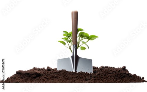 A Shovel With a Plant Growing Out of It. An image of a shovel protruding from the ground with a plant sprouting from its handle, showcasing the resilience of nature.