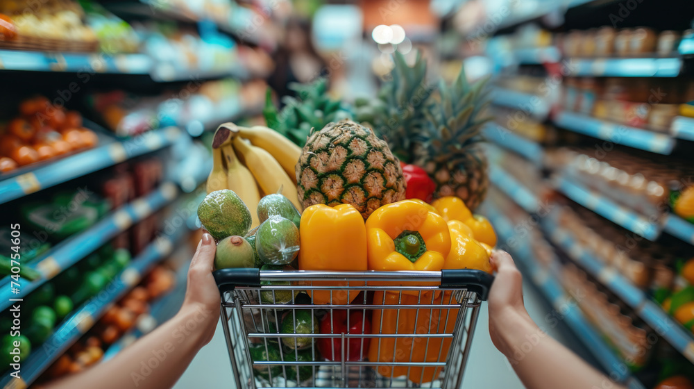 Shopping cart overflows with a variety of fresh vegetables in a bustling grocery store, organic produce and packaged goods, nutrition, shopping, cooking, fresh produce, dietary wellness in supermarket