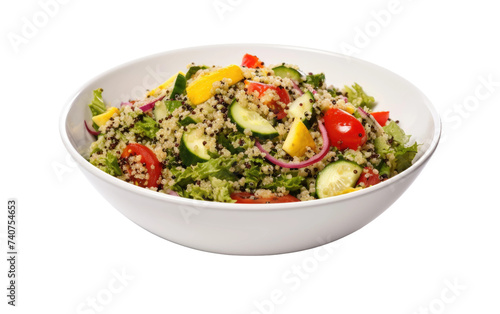 White Bowl Filled With Nutrient rich Vegetable Salad. A white bowl filled with a healthy salad covered in a variety of fresh vegetables, providing a nutritious and balanced meal option.