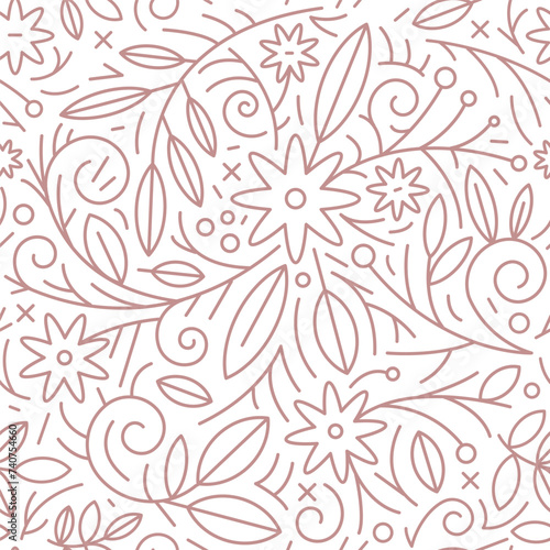 Vector seamless line nature pattern. Flowers, swirls organic package design, summer herbal template. Leaves minimal style ornament