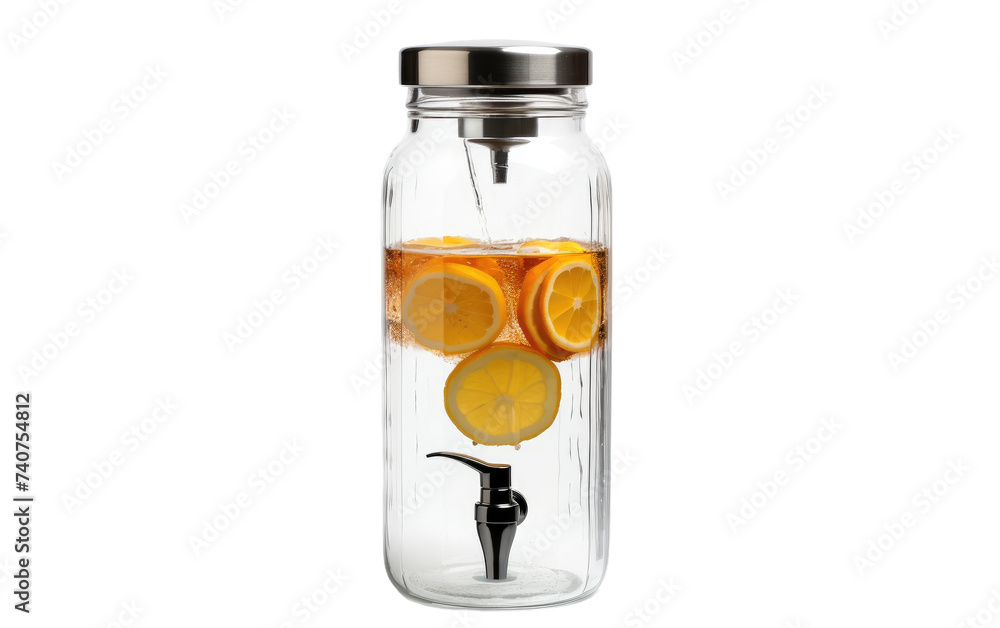 Glass Bottle Filled With Liquid and Orange Slices. A glass bottle filled with liquid and garnished with orange slices is displayed on a table. on White or PNG Transparent Background. Glass Bottle Filled With Liquid and Orange Slices. A glass bottle filled with liquid and garnished with orange slices is displayed on a table. on White or PNG Transparent Background.