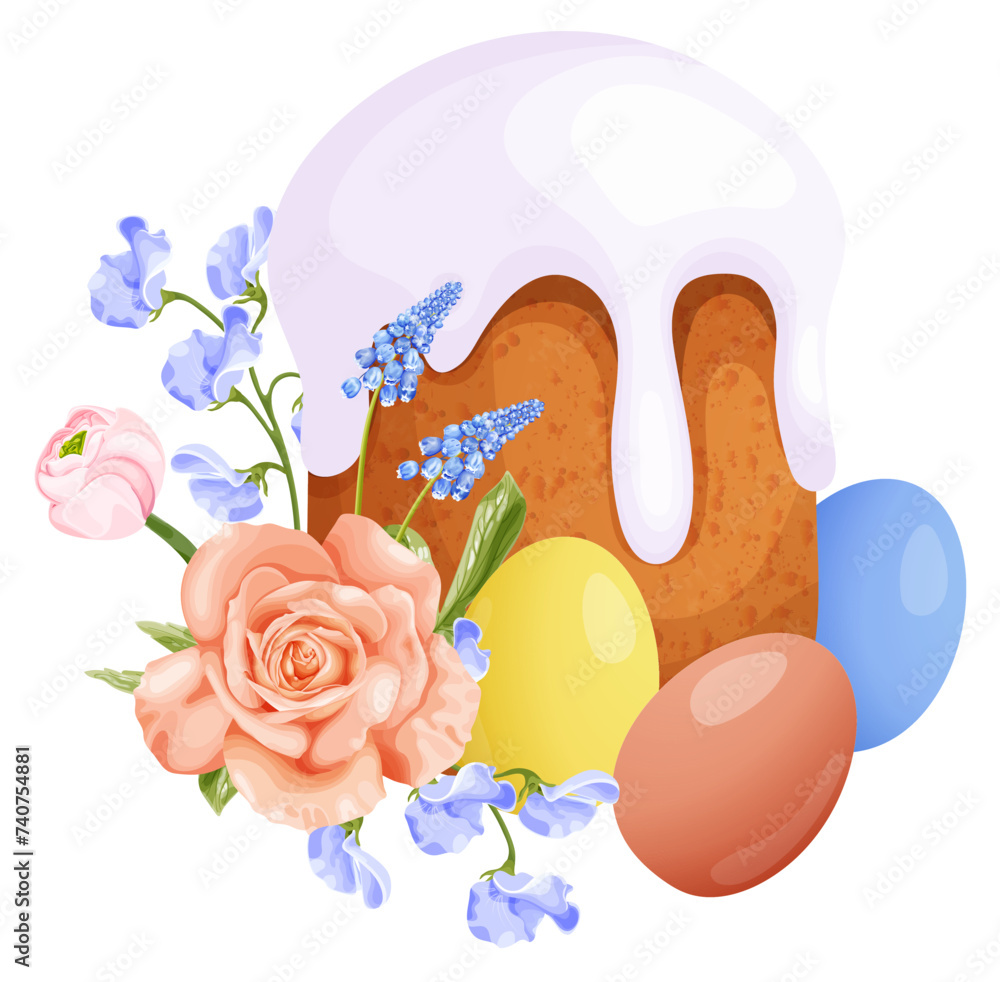 Spring composition with traditional Easter cake and eggs, rose, ranunculus, hyacinth and sweet pea flowers. Spring composition with traditional Easter cake and eggs, rose, ranunculus, hyacinth and sweet pea flowers.