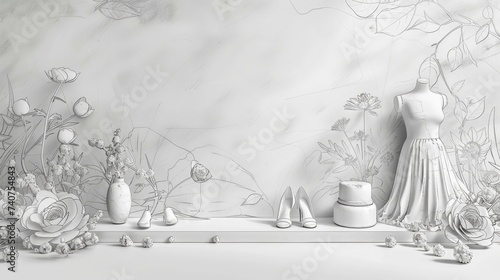 A 3D illustration background with sketches of dresses, shoes, and accessories. with text space