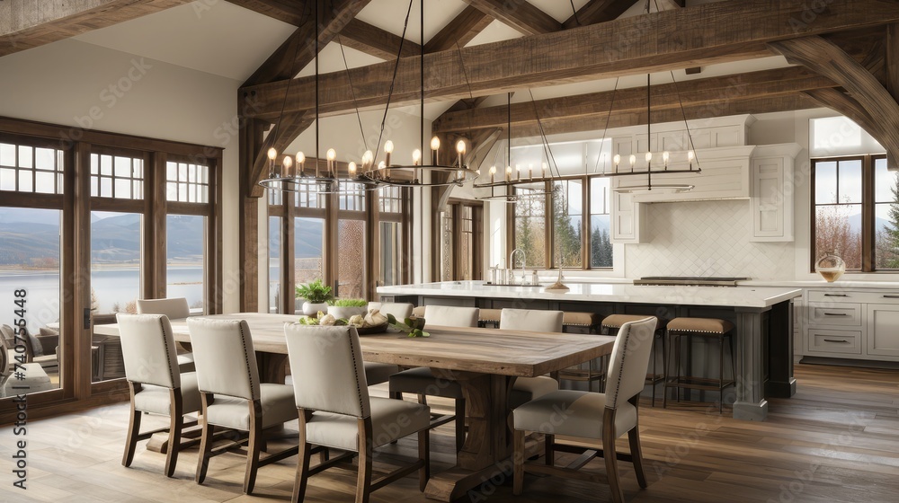 Beautiful Dining Room and Kitchen in New Luxury Home at Sunrise. House features Wood Beam Ceiling, Furnished Interior, Pendant Light Fixtures, Dining Room Table, Kitchen Island, and Hardwood Floors