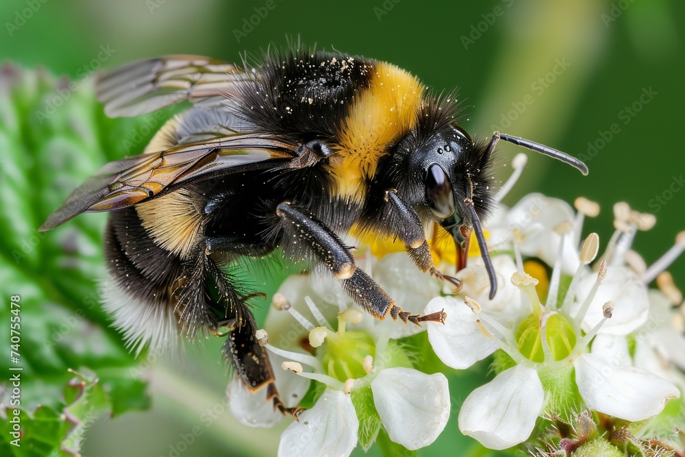Honey Bee on white Flower, Close Up Macro Honey Bee on white Flower, Close Up Macro