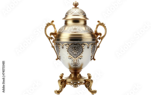 Gold and White Urn on Stand. A photograph of a gold and white urn displayed on a stand, showcasing its intricate design and craftsmanship. on White or PNG Transparent Background. photo