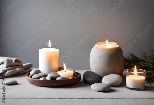 a simple centerpiece with a wooden table as the base  holding several smooth  round rocks and three lit candles.
