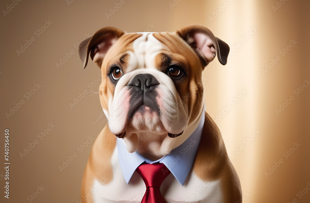 Bulldog dog close-up wearing glasses and a tie on a beige background. Big boss. Cover, poster, postcard Bulldog dog close-up wearing glasses and a tie on a beige background. Big boss. Cover, poster, postcard