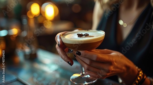 Close-up of a female hands with a glass of coffee cocktail