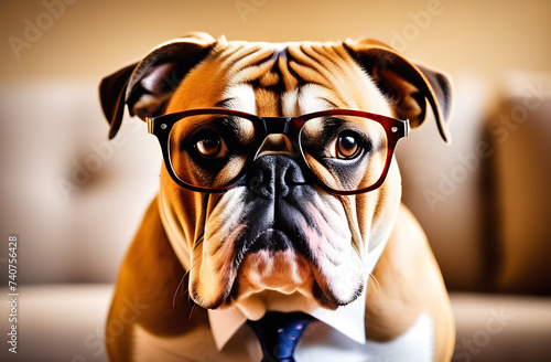 Bulldog dog close-up wearing glasses and a tie on a beige background. Big boss. Cover, poster, postcard