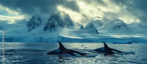 Majestic killer whales gracefully swimming in the ocean with stunning mountain backdrop