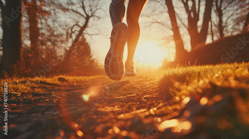 Trail running surrounded by nature with trees and grass with the sun setting in the background. © YUTTADANAI