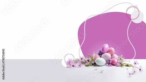 Easter eggs and flowers on a background with place for text