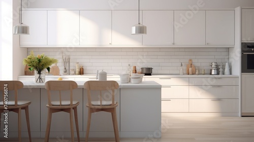 Beautiful kitchen in a new house with wooden floors and accents, white counters, cabinets and back tiles. Modern new bright kitchen interior with white furniture and bar. Film noise © Faheem