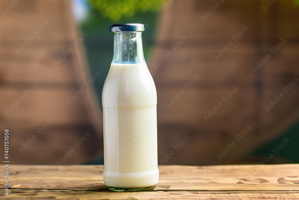 glass of milk with a field in the background, cow in countryside