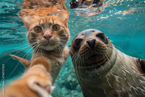 American Longhair Maine Coon red orange cat takes an underwater selfie next to a fur seal © DK_2020