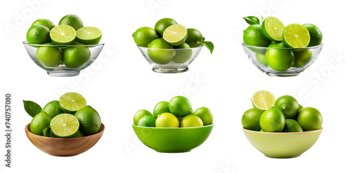 Collection bowl of fresh green limes isolated on a transparent background