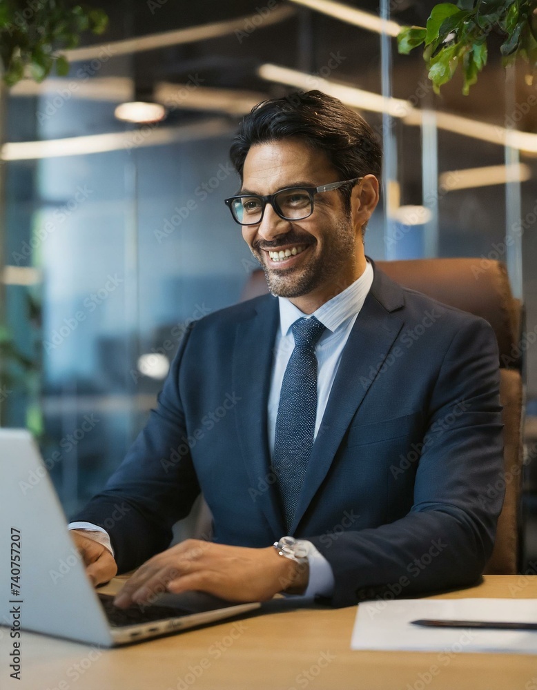 Smiling mature adult business man executive sitting at desk using laptop