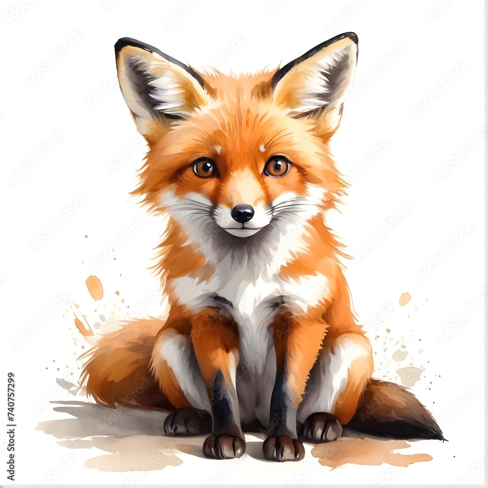 Obraz premium A cute painting of a sitting red fox. Generative AI