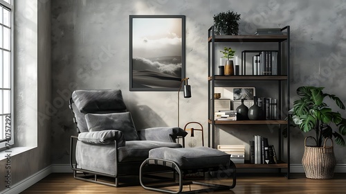 A mockup poster blank frame hanging on an industrial shelving unit, above a plush recliner, game room, Scandinavian style interior design