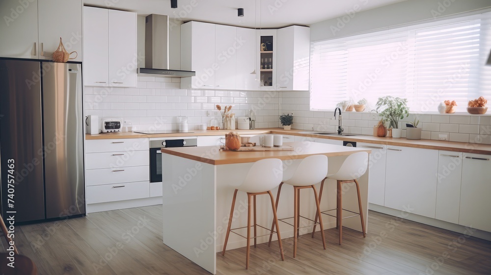 Beautiful kitchen in a new house with wooden floors and accents, white counters, cabinets and back tiles. Modern new bright kitchen interior with white furniture and bar. Film noise