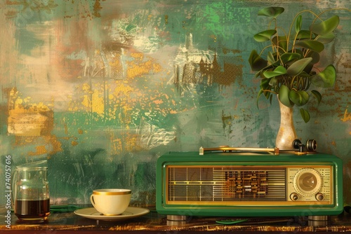 Green and gold vintage radio with vinyl record player on table in scale painting style photo