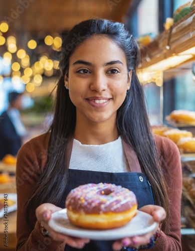  Smiling woman posing at a doughnut shop looking at the camera