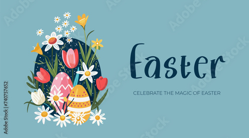 Fototapeta Naklejka Na Ścianę i Meble -  Happy Easter Day holiday horizontal banner with colored eggs in grass. Traditional spring religious celebration greeting card. Vector eps drawing Christian festive poster