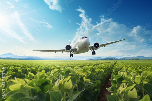 Sustainable aviation fuel concept. Net zero emissions flight. Sustainability transportation. Eco-friendly aviation fuel. Commercial airplane use biofuel energy flying above soybean farm. photo