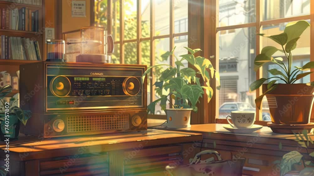 Peaceful lofi classic radio near a window. Relaxing a cup of coffee or tea. Loop animation video