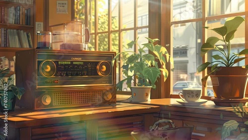 Peaceful lofi classic radio near a window. Relaxing a cup of coffee or tea. Loop animation video