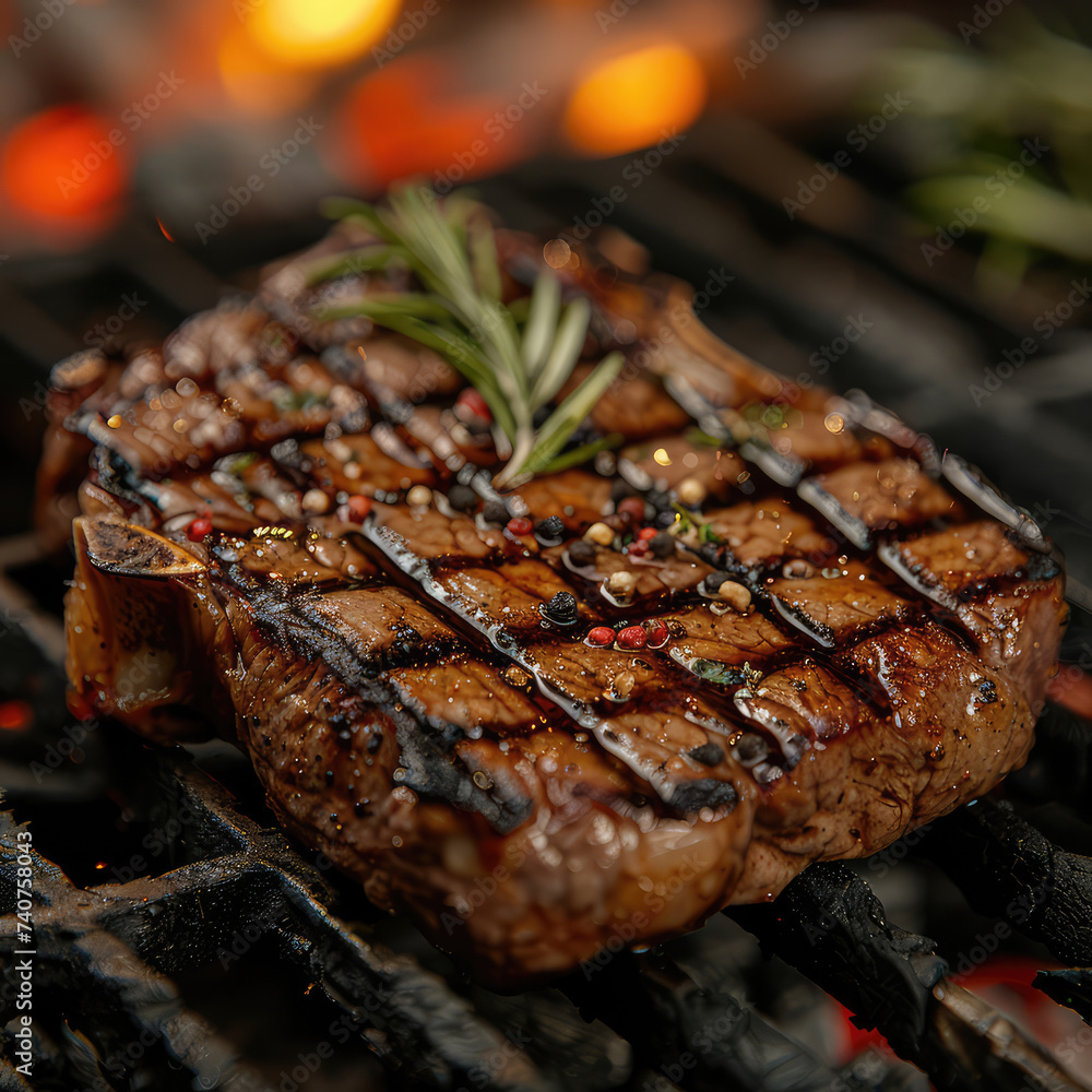 Close-up of a grilled beef steak. Concept of meat, bbq, barbeque, barbecue, gourmet cooking with fire and flame , grill, hot food Close-up of a grilled beef steak. Concept of meat, bbq, barbeque, barbecue, gourmet cooking with fire and flame , grill, hot food