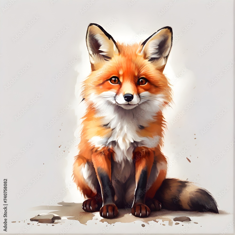 A cute painting of a sitting red fox. Generative AI A cute painting of a sitting red fox. Generative AI