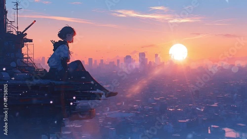 Lofi anime girl siiting on the rooftop. Relaxing city skyline. Loop animation video photo