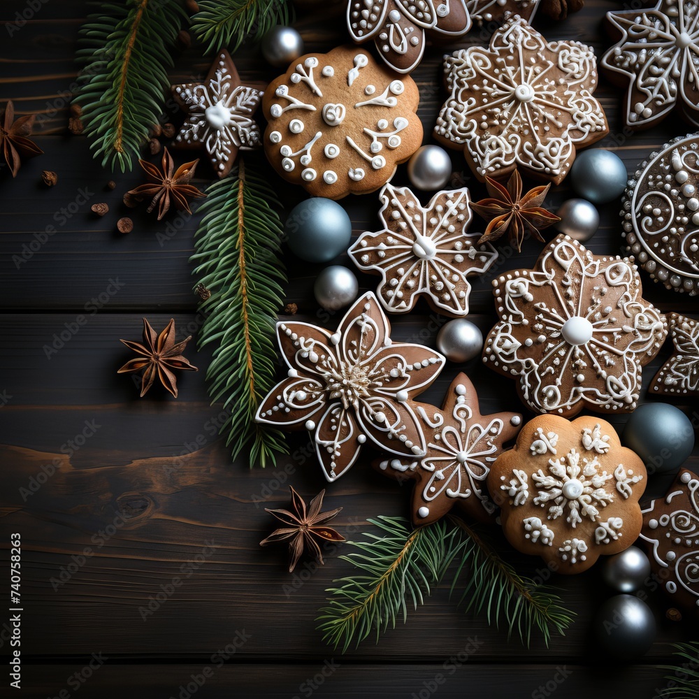 Fototapeta premium Christmas gingerbread cookies. Gingerbread cookies and spruce branches on a wood background.