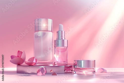 Skin care products on a podium with bright lighting on a pastel background