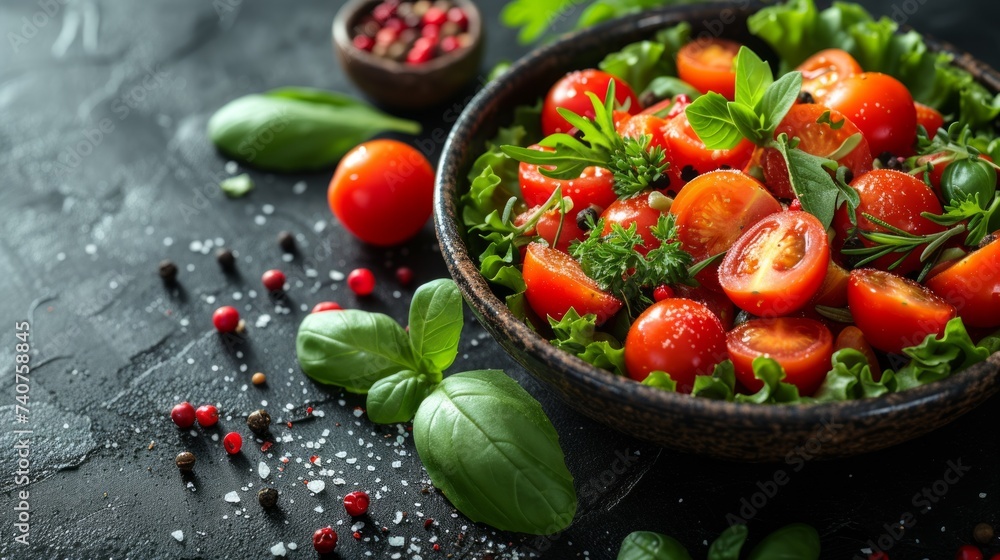 Healthy food salad presented on a sleek black tabletop, providing copy space for text Healthy food salad presented on a sleek black tabletop, providing copy space for text